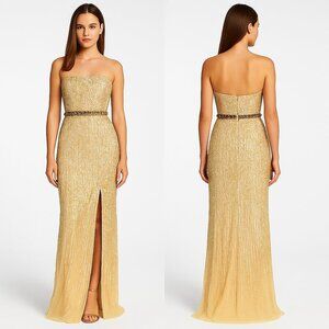 Sherri Hill Gold Sequin Strapless Evening Gown with Front Slit – Size 0